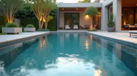 Vue d'une piscine résidentielle de luxe avec terrasse en pierre, environnement paysager soigné