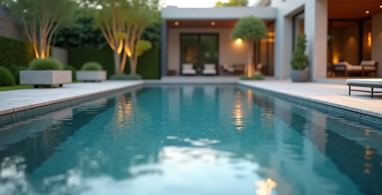 Vue d'une piscine résidentielle de luxe avec terrasse en pierre, environnement paysager soigné