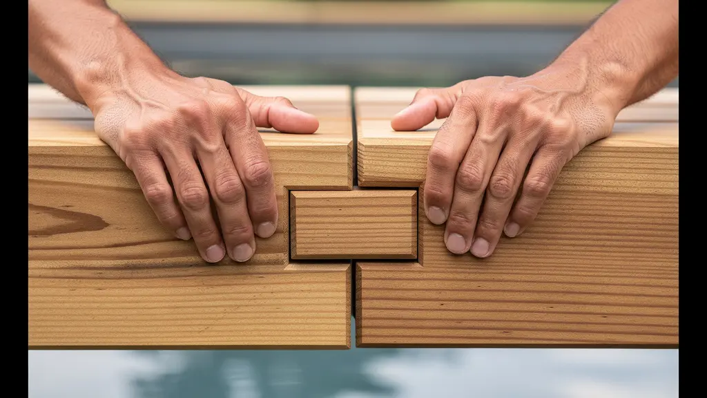 Gros plan sur l'assemblage des madriers d'une piscine bois hors-sol