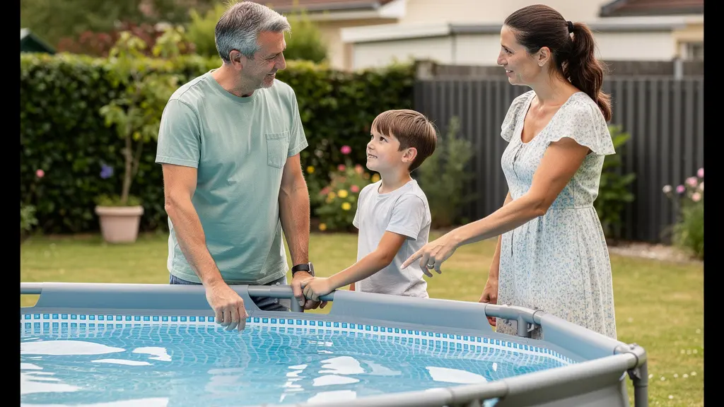 Famille française observant une piscine tubulaire dans un jardin résidentiel