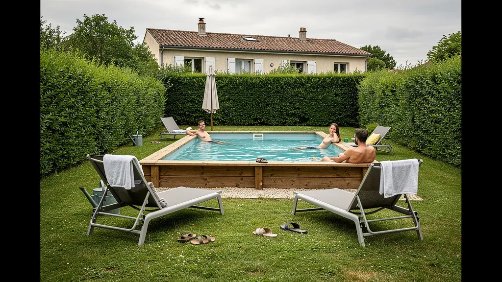 Jardin résidentiel français avec piscine hors-sol bois et mobilier extérieur en été