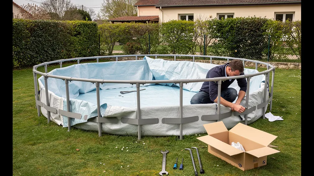 Piscine tubulaire en cours de montage dans un jardin français