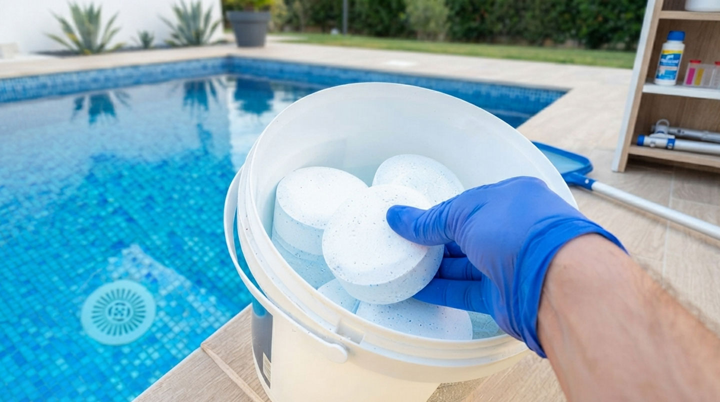 Seau transparent avec marquages de niveau d'eau posé au bord d'une piscine avec liner, accompagné d'un marqueur pour effectuer le test de détection de fuite