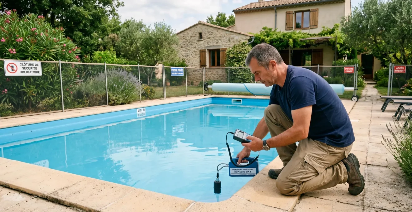 Propriétaire agenouillé au bord d'une piscine enterrée avec liner effectuant un test de détection de fuite avec un seau et du matériel de mesure dans un jardin résidentiel