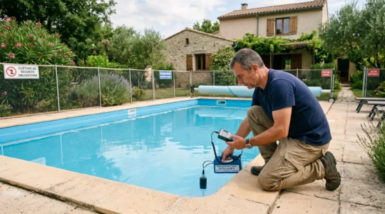 Propriétaire agenouillé au bord d'une piscine enterrée avec liner effectuant un test de détection de fuite avec un seau et du matériel de mesure dans un jardin résidentiel