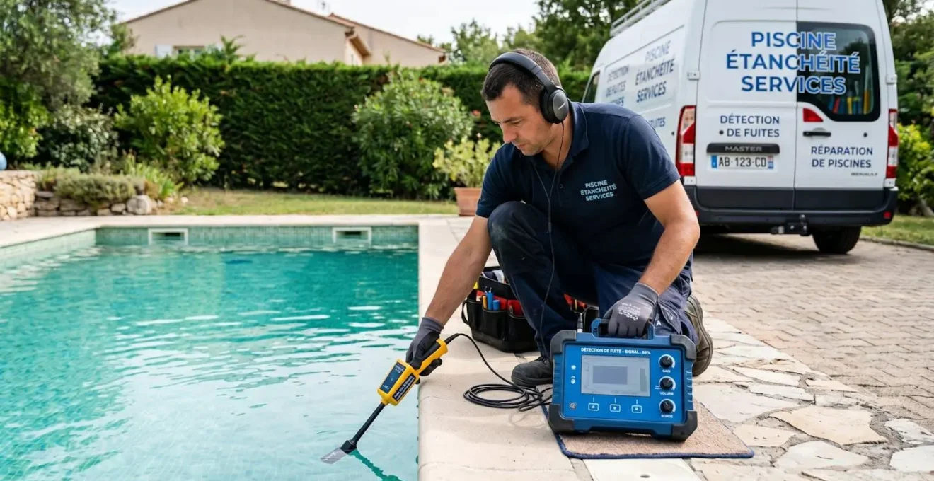 Technicien professionnel utilisant un équipement électronique de détection de fuite au bord d'une piscine résidentielle avec camion d'intervention spécialisé