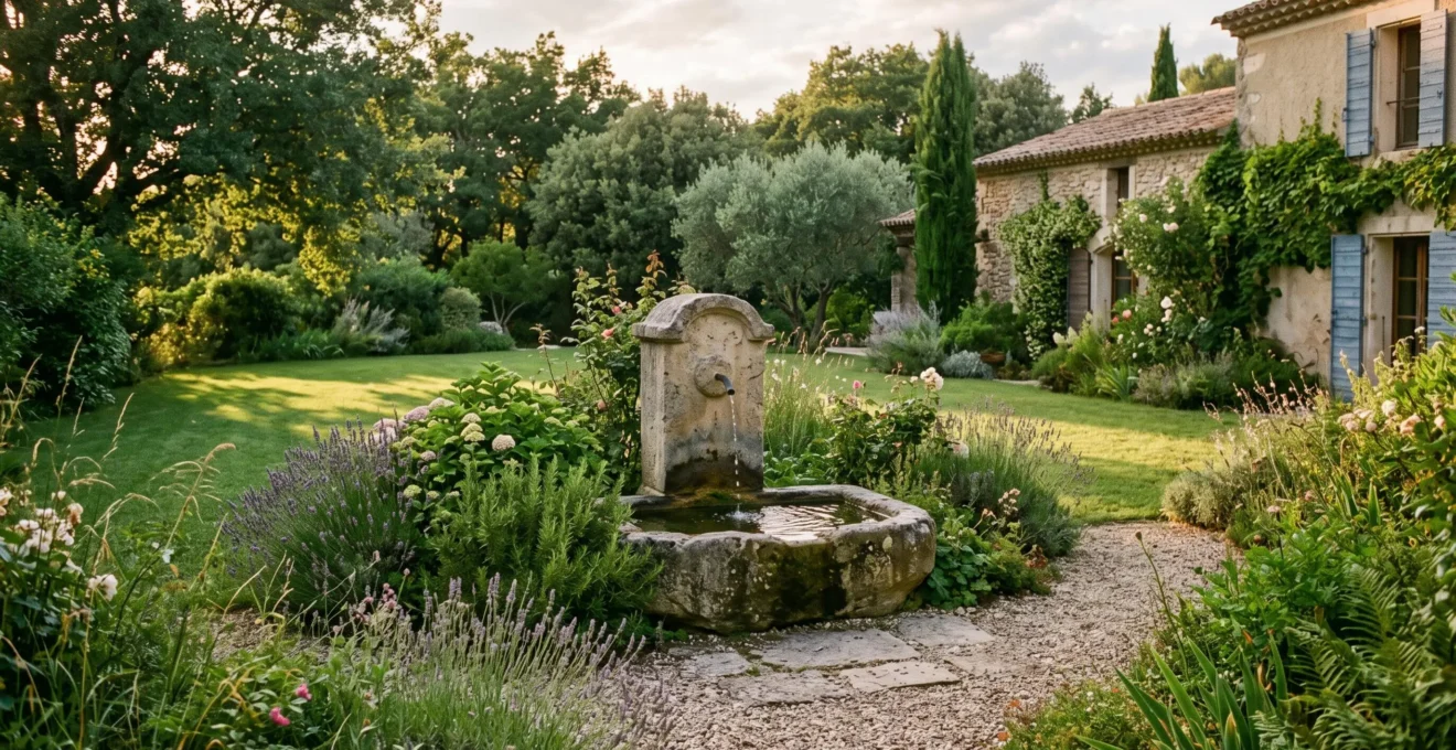 Un bassin fontaine en pierre intégré dans un jardin paysager avec plantations naturelles.