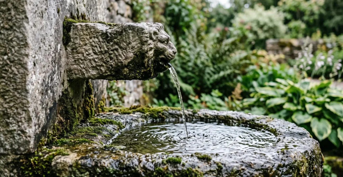 Un jet d'eau s'écoule d'une fontaine en pierre dans un bassin de jardin.