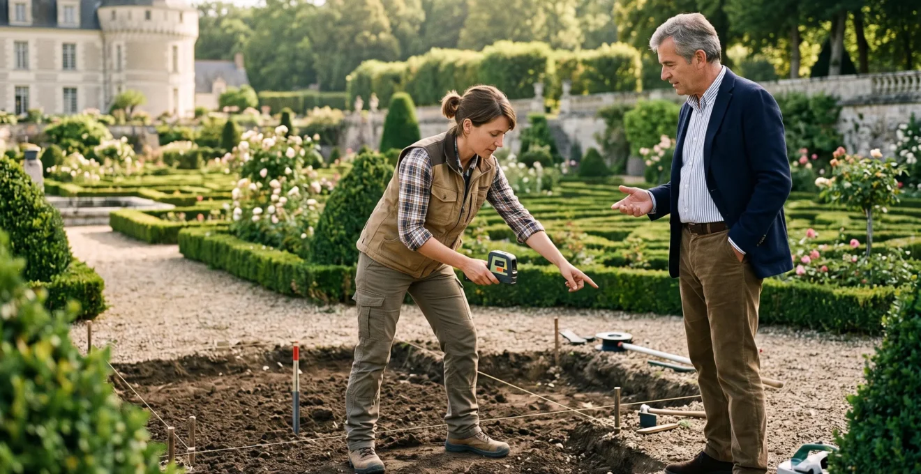 Un paysagiste étudie le terrain avec un propriétaire avant l'installation d'un bassin.