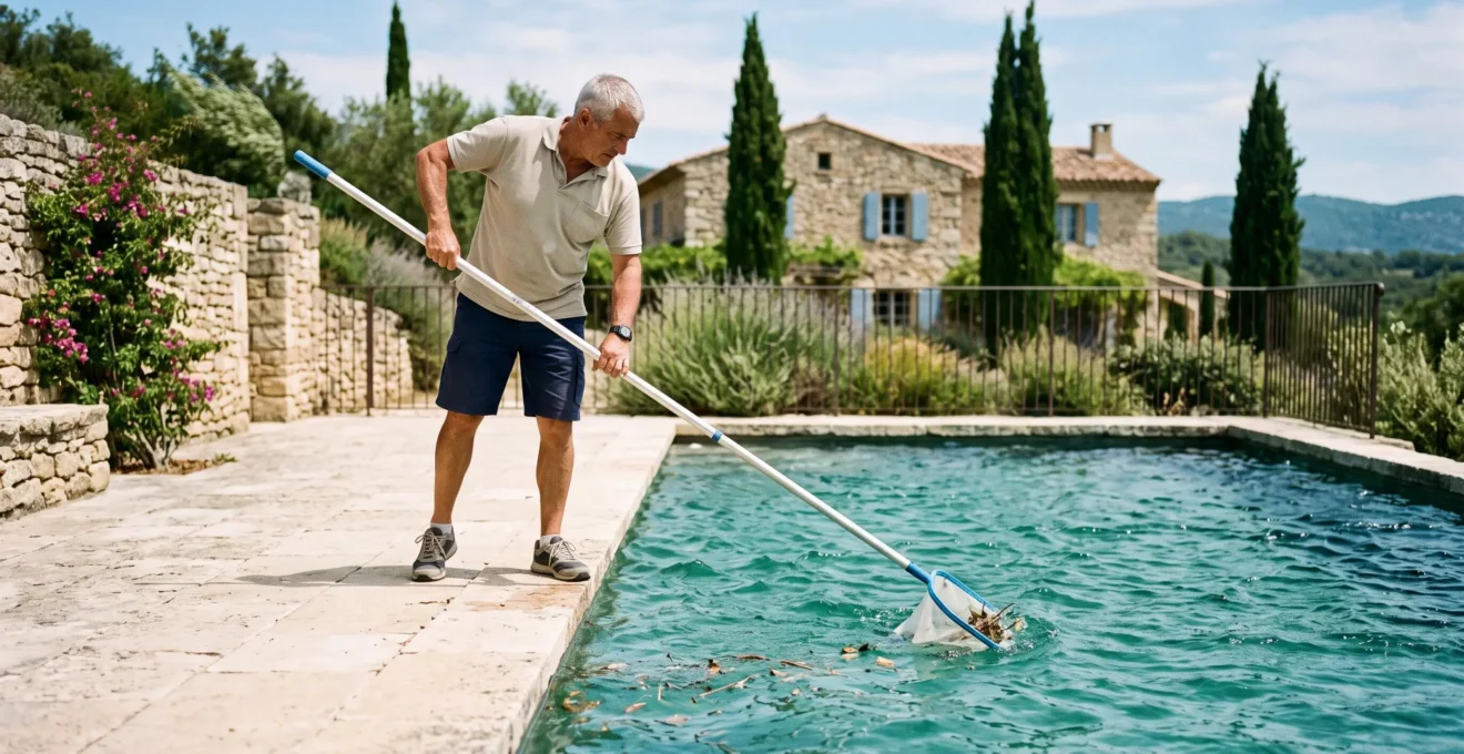 Un technicien retire des feuilles à l'épuisette dans une piscine battue par le vent en Provence.